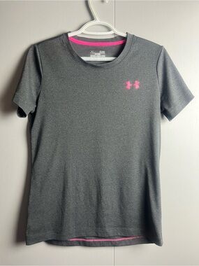 Under Armour HeatGear Pink Ribbon Athletic Tee Small Gray Pink